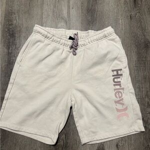 Hurley Men’s White Fleece Shorts with Pink Logo Size Medium